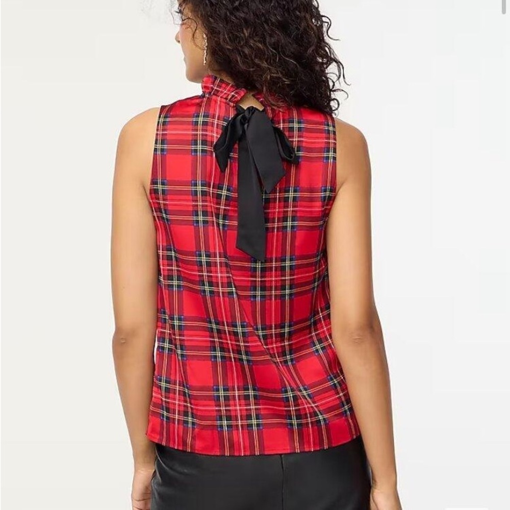 J. Crew Tartan Plaid Sleeveless Ruffle Neck Blouse with Bow Tie Women’s Medium